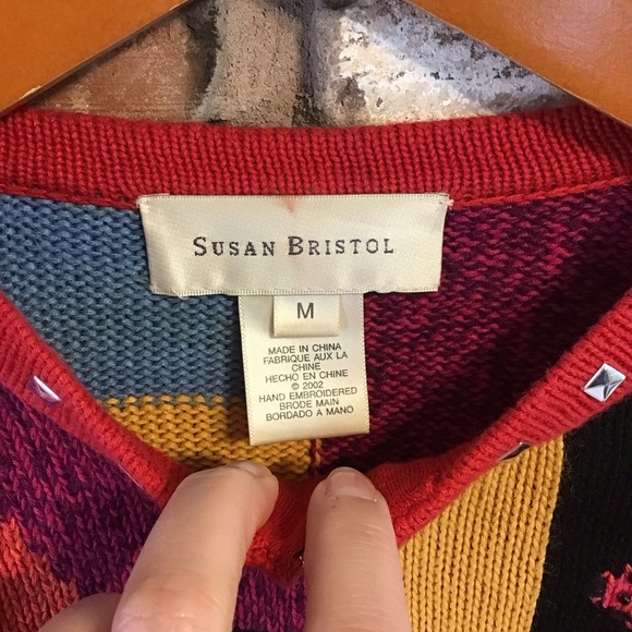 SUSAN BRISTOL VTG Multicolor Dog Whimsy Colorblock Full Zip Cardigan Sweater M - Picture 6 of 6